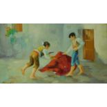 A gilt framed oil on canvas, Spanish children playing, signed. 30x42cm