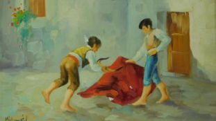 A gilt framed oil on canvas, Spanish children playing, signed. 30x42cm