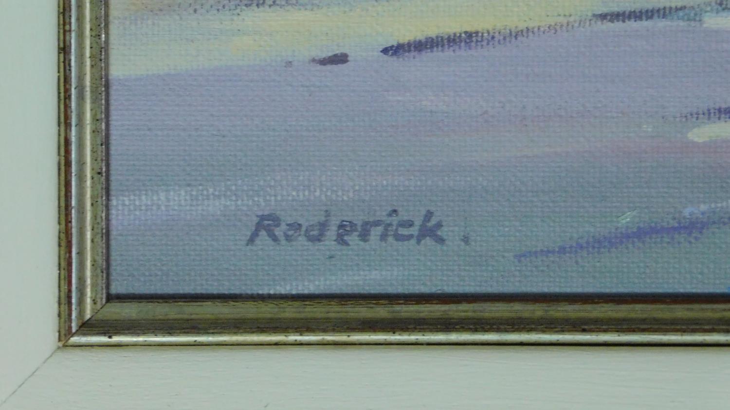 A framed oil on board, seascape with distant mountains, signed Roderick. 71x81cm - Image 3 of 4