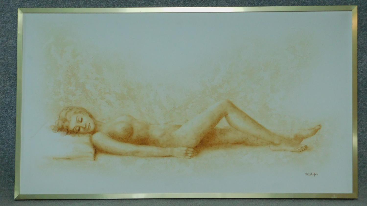 A framed oil on canvas, naked woman lying on a bed, signed by Frank Aris. 140x79cm - Image 2 of 3