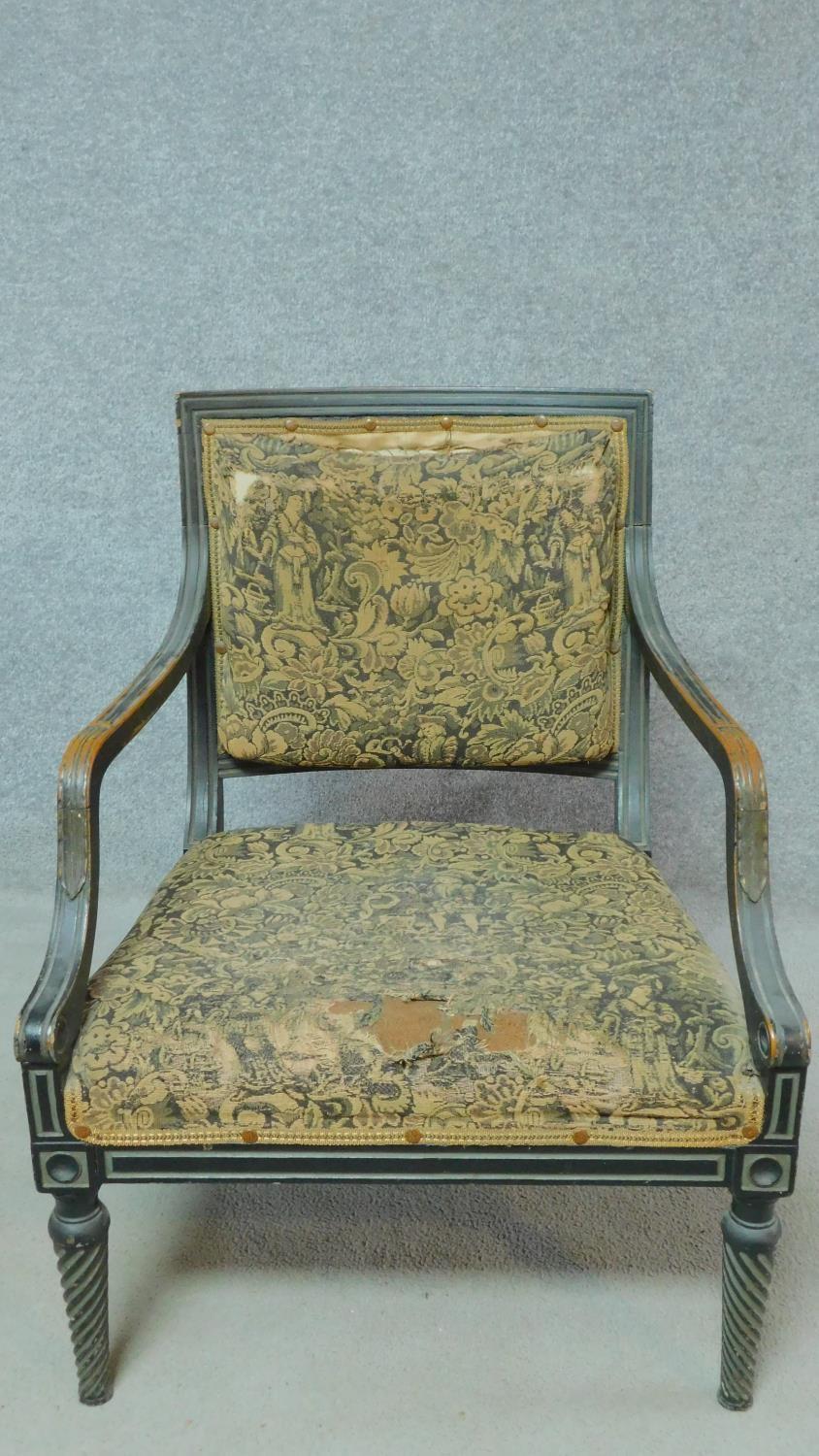 A Regency painted and ebonised open armchair on tapering spiral twist supports. H.80cm - Image 2 of 5