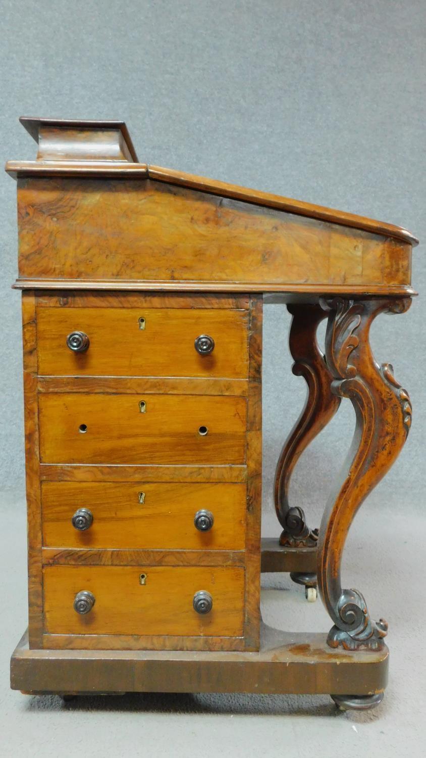 A Victorian burr walnut Davenport with fitted satinwood lined interior and four drawers opposing - Image 6 of 10