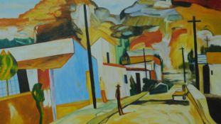 A large acrylic on canvas. "Mexican Town" P. Hanson. 150x150cm