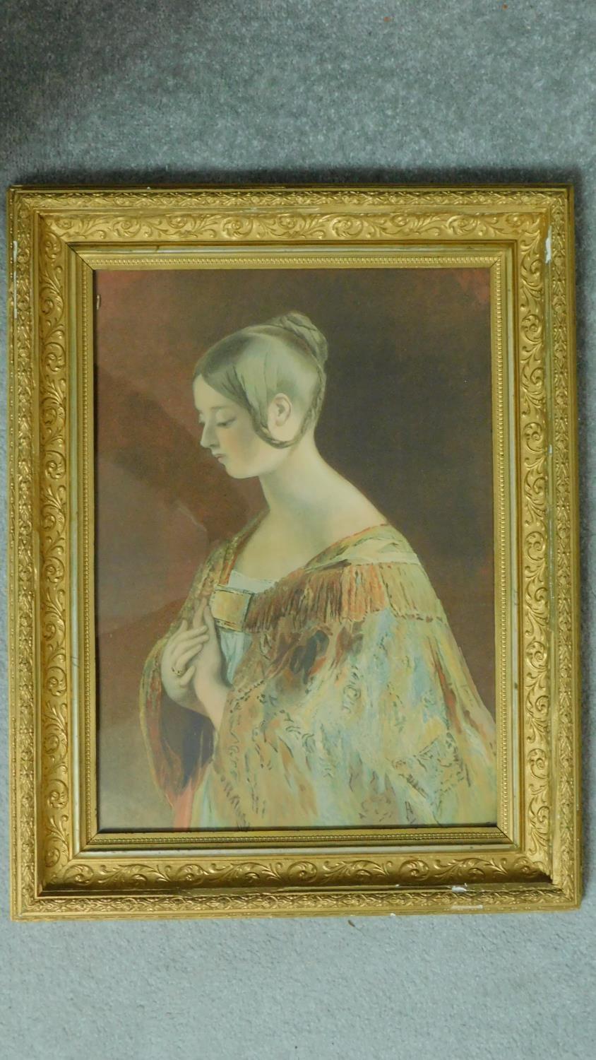 A carved gilt framed and glazed antique hand coloured lithograph of a young Queen Victoria 59x46cm - Image 2 of 3