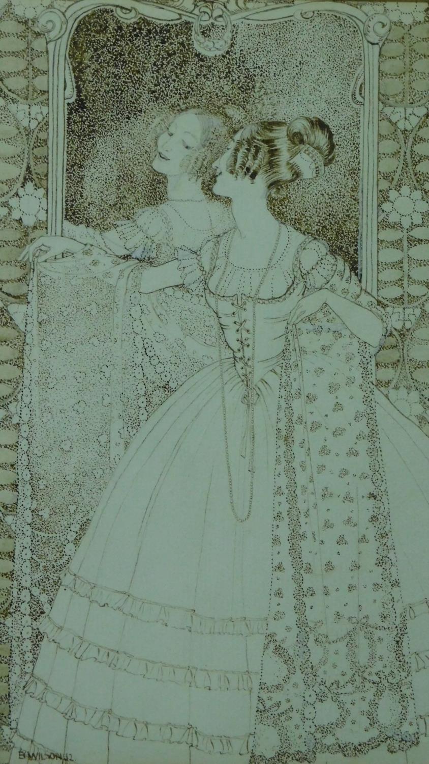 A framed and glazed pen and ink drawing of a lady looking in a mirror in a elegant dress. Signed