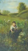 A 19th century framed oil on board, girl picking wild flowers, unsigned. 33x28cm