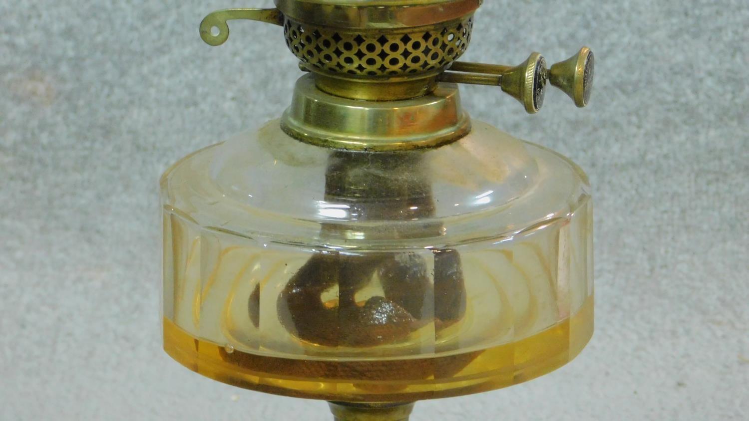 A Victorian opaline white milk glass oil lamp on brass base. (complete) H.55cm - Image 3 of 6