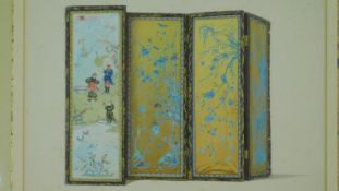 A framed and glazed watercolour, a Chinese screen, unsigned, gallery label verso. 53x43cm