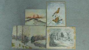 A miscellaneous collection of four unframed watercolours, rural winter scenes, various artists.