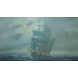 A large mid century gilt framed oil on canvas, galleon at sea, signed A Beardsley. 106x86cm