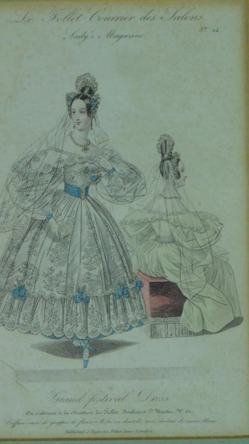 A collection of nine framed and glazed coloured lithographs, seven fashion designs, two depicting - Image 10 of 12
