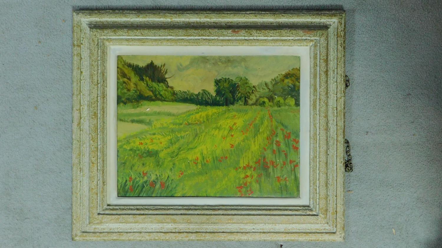 Jack Sassoon, a framed oil on canvas, landscape, fields and trees, "Shoreham" monogrammed and - Image 2 of 6