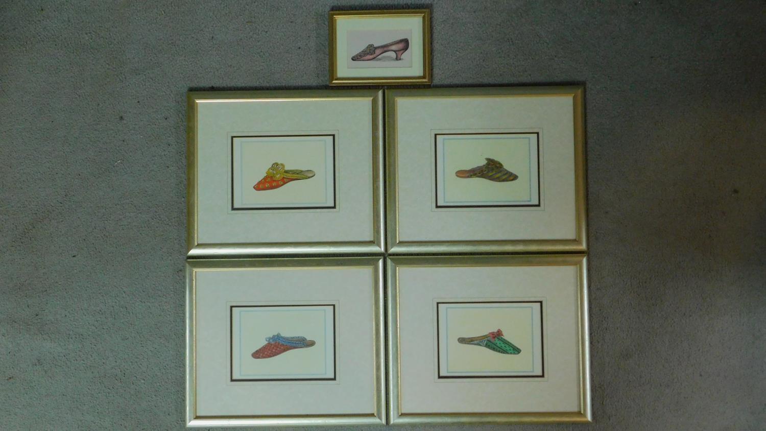 A set of five framed and glazed coloured lithographs of various historical ladies shoe styles.