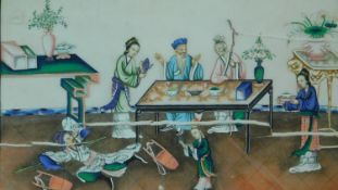 A framed and glazed Chinese watercolour on rice paper depicting an event in a nobleman's house.