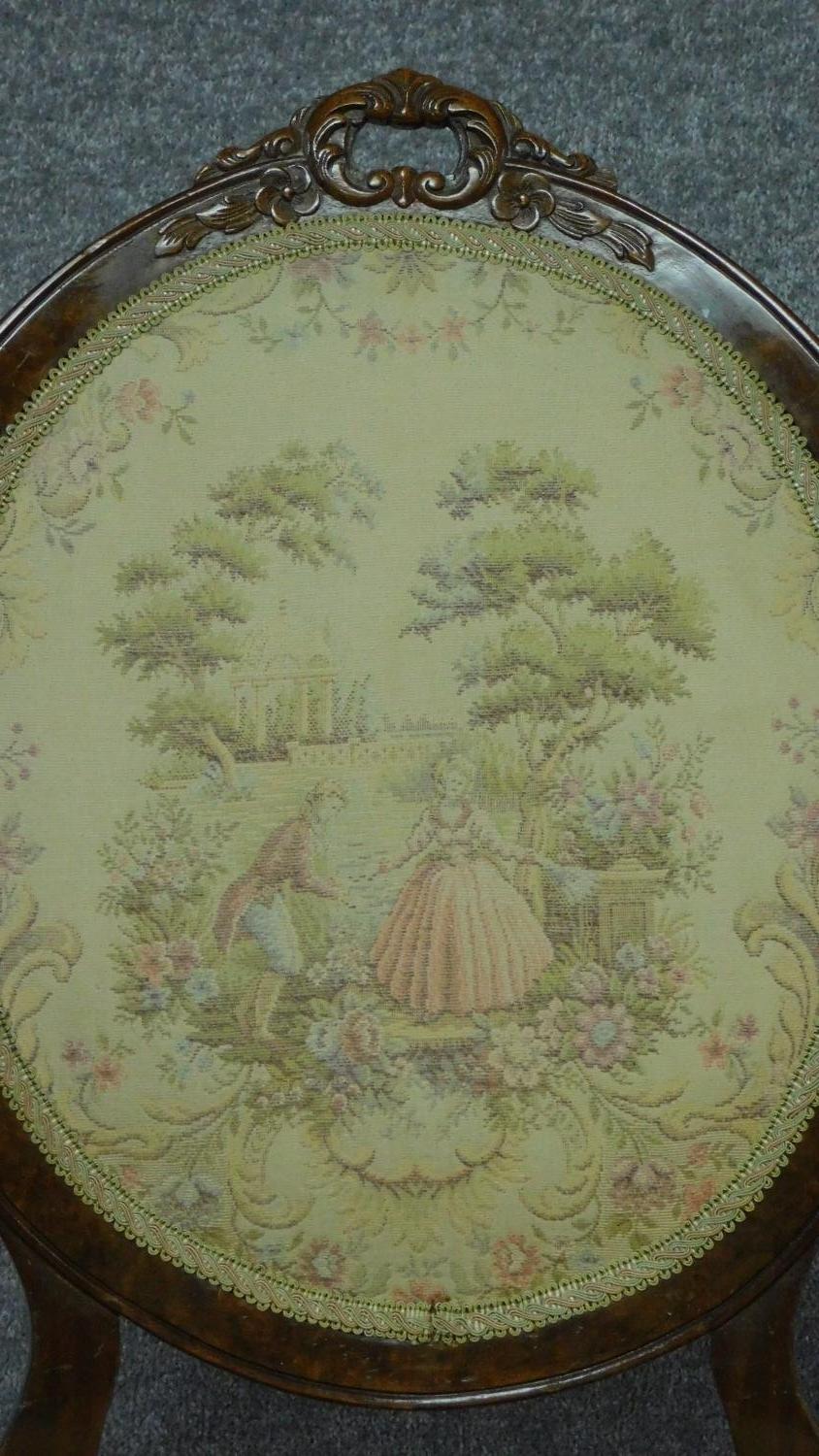 A late 19th century balloon back nursing chair in embroidered upholstery depicting pastoral French - Image 3 of 4