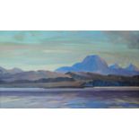 A framed oil on board, seascape with distant mountains, signed Roderick. 71x81cm