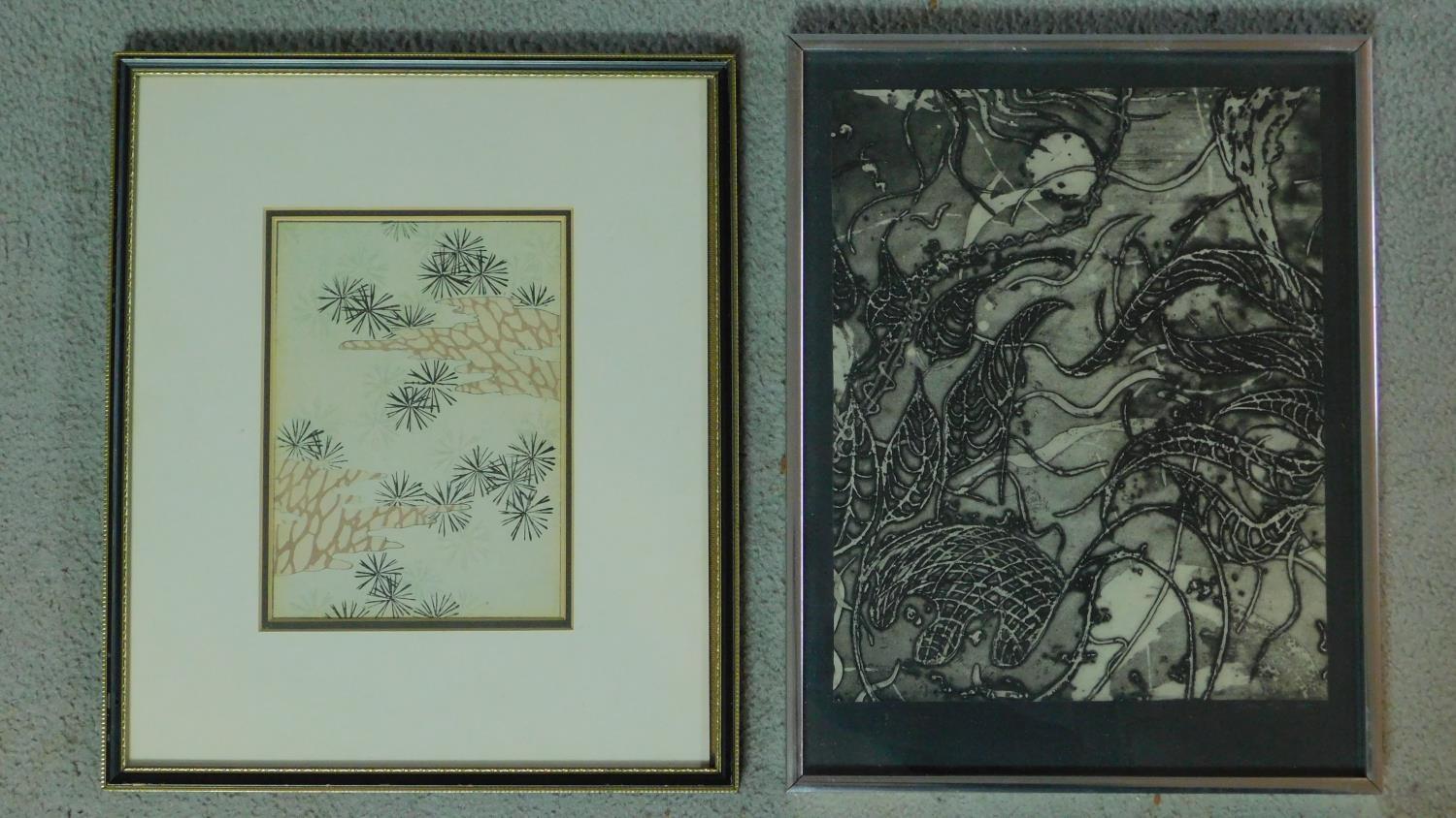 Two framed and glazed lithographs of abstract forms, one coloured. 38x29cm