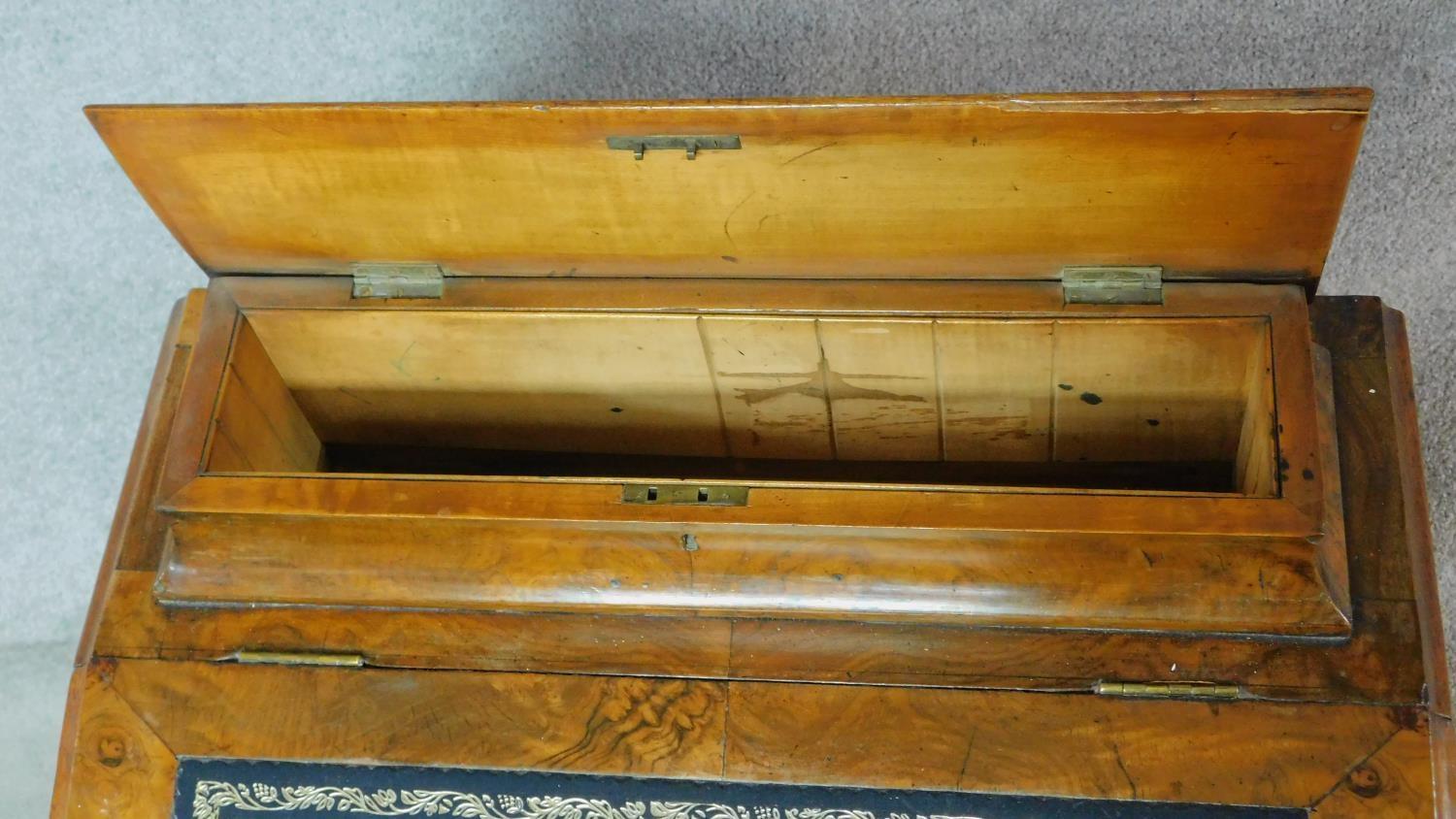 A Victorian burr walnut Davenport with fitted satinwood lined interior and four drawers opposing - Image 4 of 10