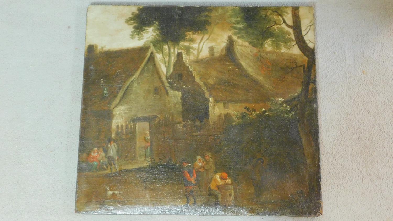 A large 19th century unframed oil on canvas, figures in a village setting, unsigned. 71x64cm - Image 2 of 7