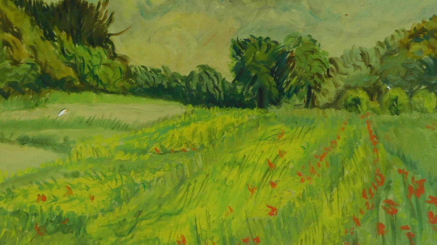 Jack Sassoon, a framed oil on canvas, landscape, fields and trees, "Shoreham" monogrammed and