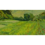 Jack Sassoon, a framed oil on canvas, landscape, fields and trees, "Shoreham" monogrammed and