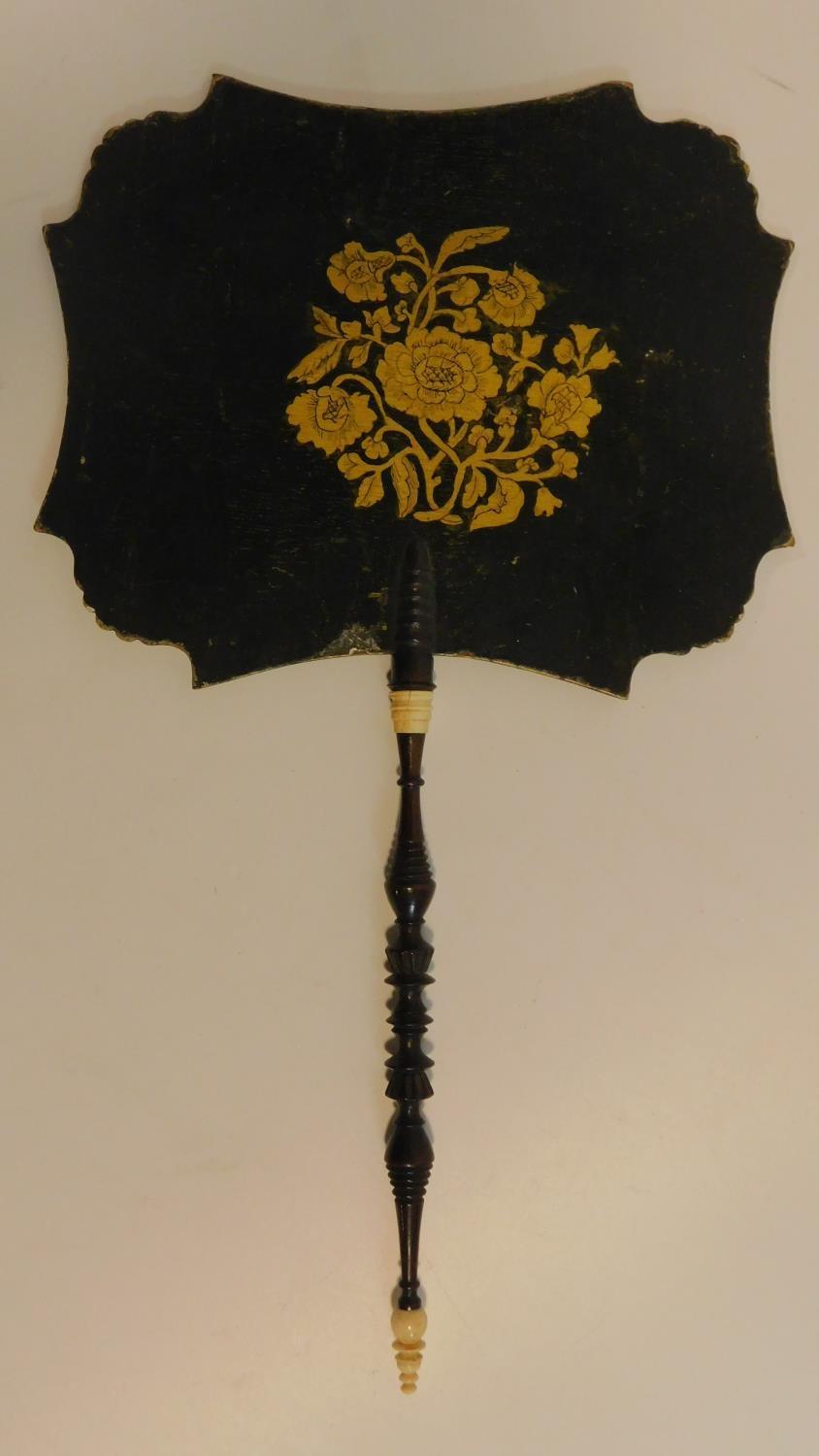 A Victorian paper mache face screen with painted pheasant and flower decoration with turned ebony - Image 10 of 11