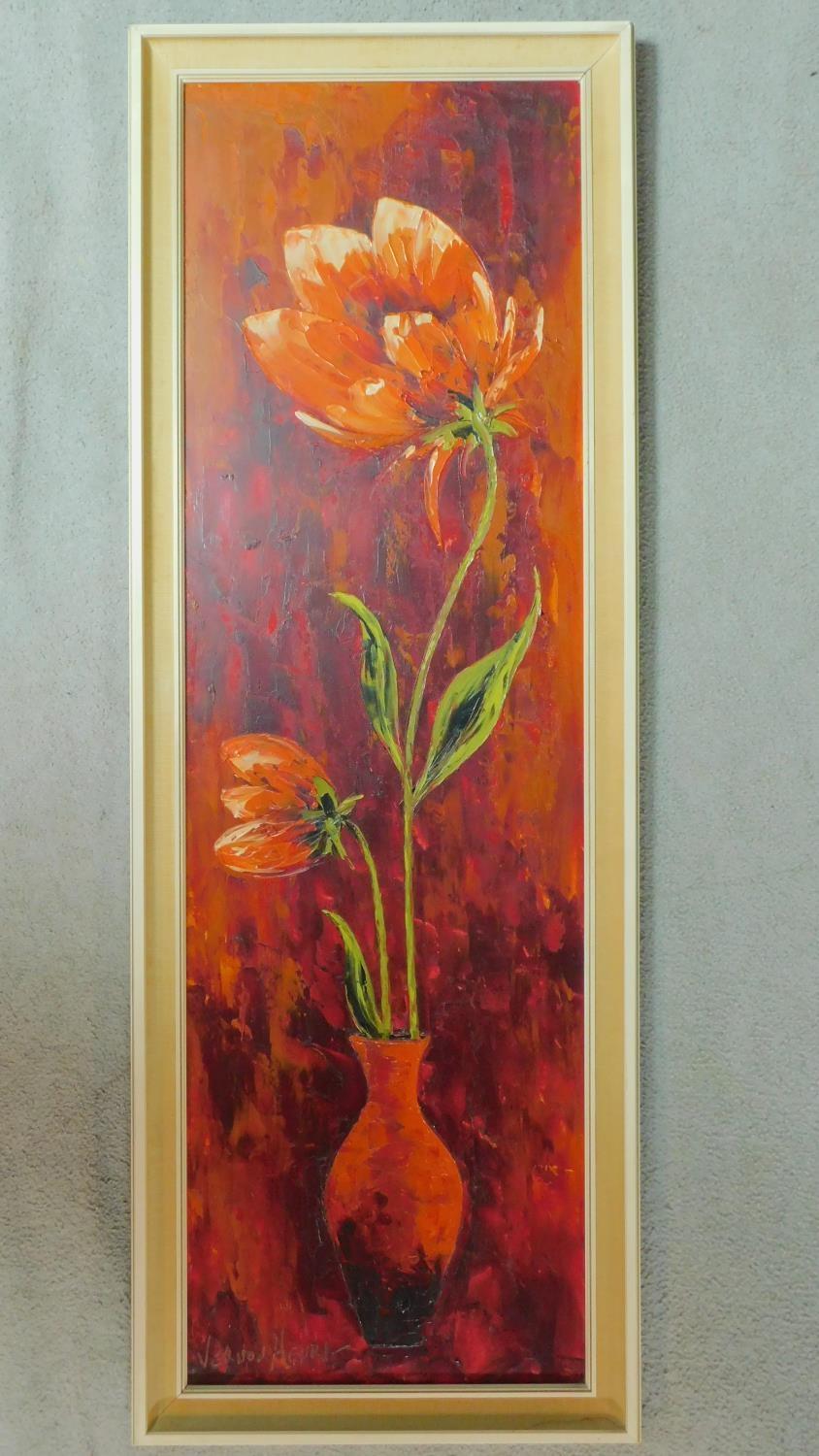 A vintage framed oil on board, flowers in a vase, signed Vernon Henri. 43x119cm - Image 2 of 5