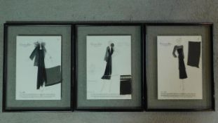 A set of three framed vintage watercolours on prints on glass, Christian Dior fashion advertising