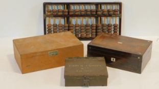 A vintage abacus, a 19th century rosewood mother of pearl inlaid jewellery box and two other