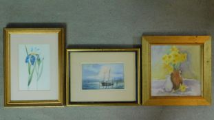 Three framed and glazed watercolours, two still life and an anchored boat, all unsigned. 37x37cm (