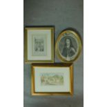 Three framed and glazed lithographs of different subjects, one hand coloured. 34x25cm (largest)
