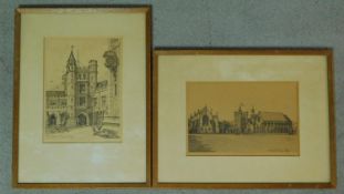 Two framed and glazed lithographs, both of Clifton College, 1898. Indistinctly signed 32x42cm