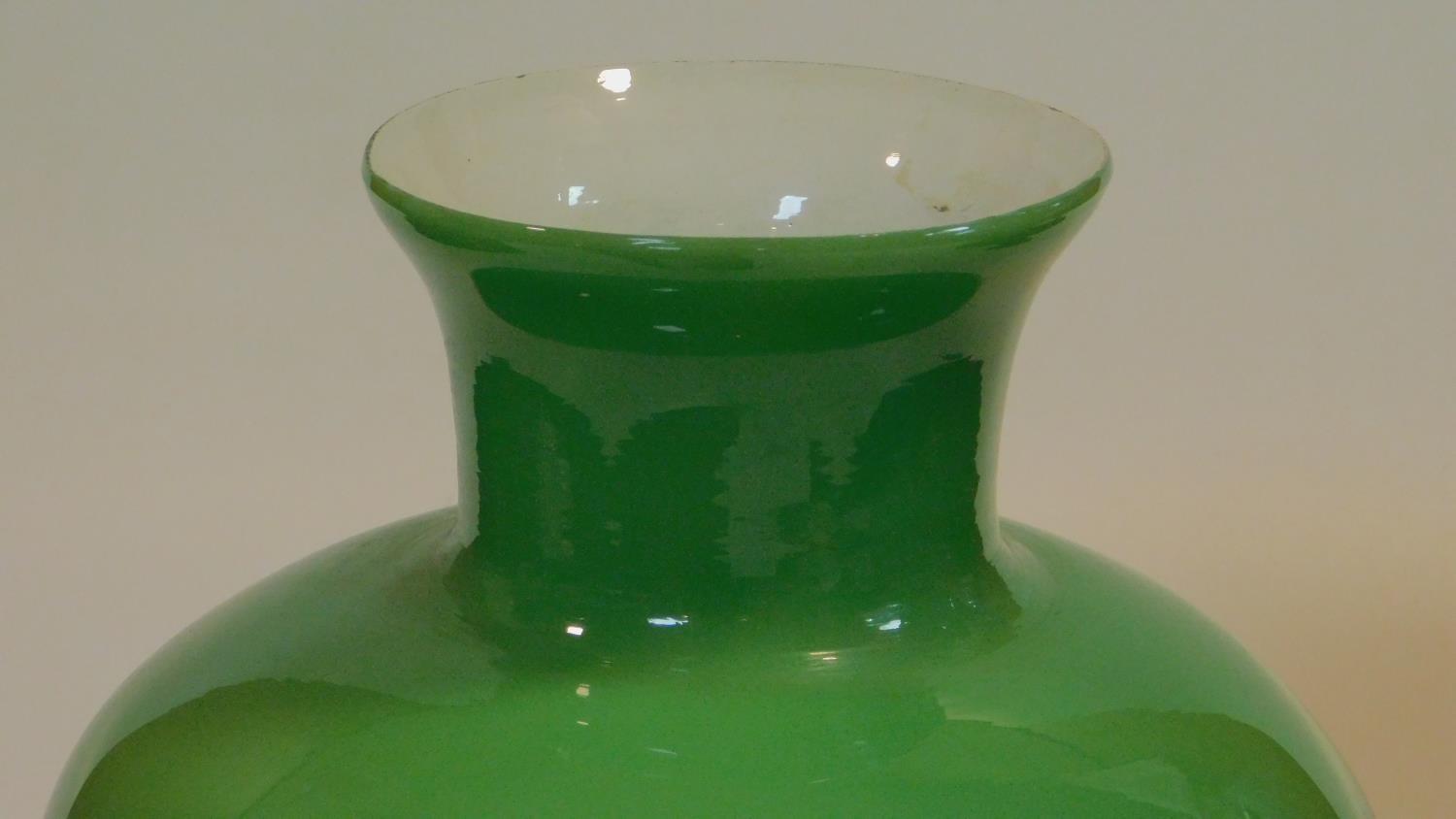 A vintage bell shaped opaque apple green blown glass ceiling pendant lampshade with white glass - Image 2 of 4