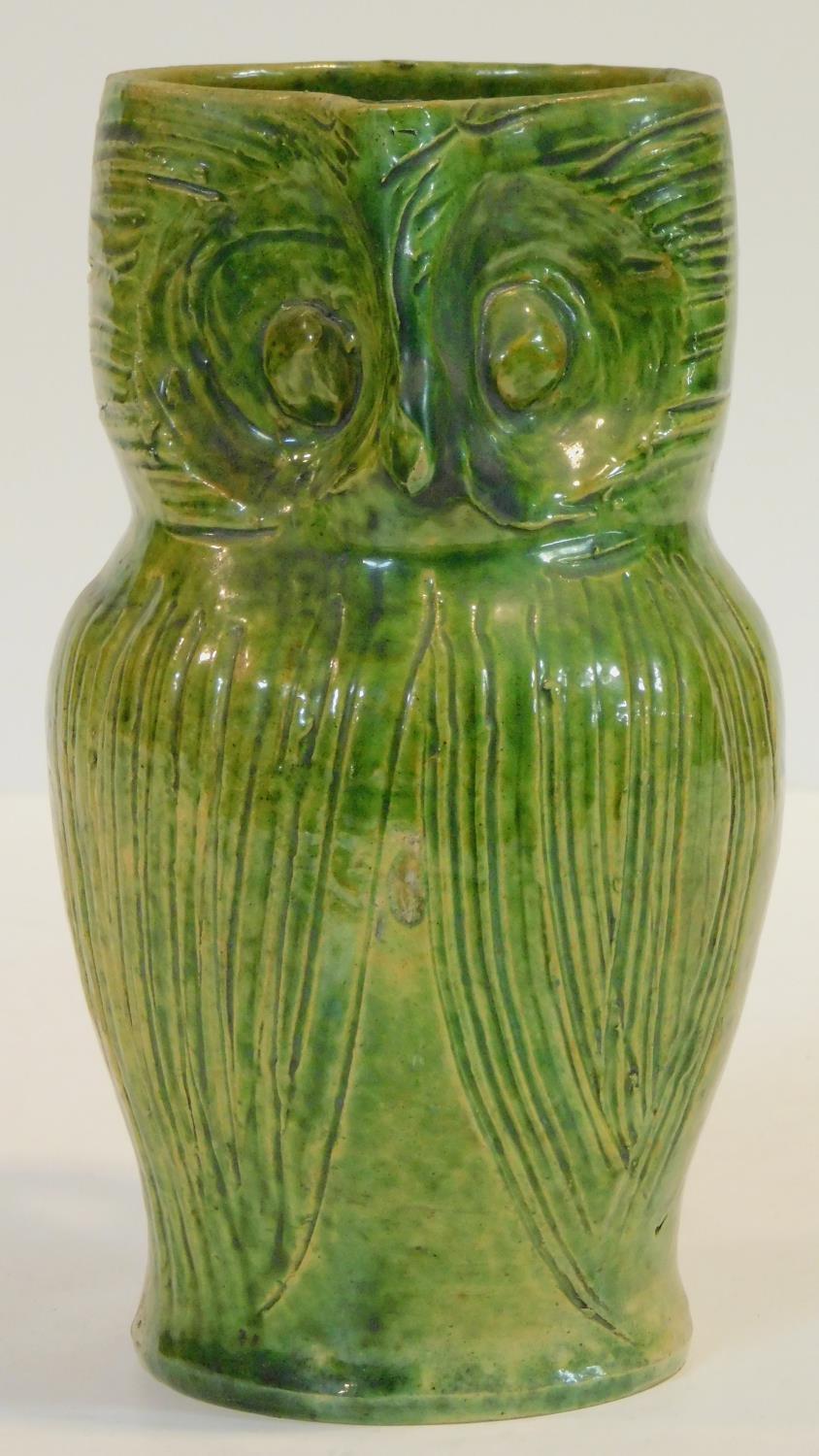 An antique Farnham Pottery type green glaze Harris Owl Jug. H.19cm - Image 2 of 6