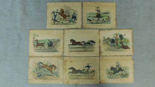 A set of eight 19th century unframed hand coloured lithographs, equine cartoon illustrations, all