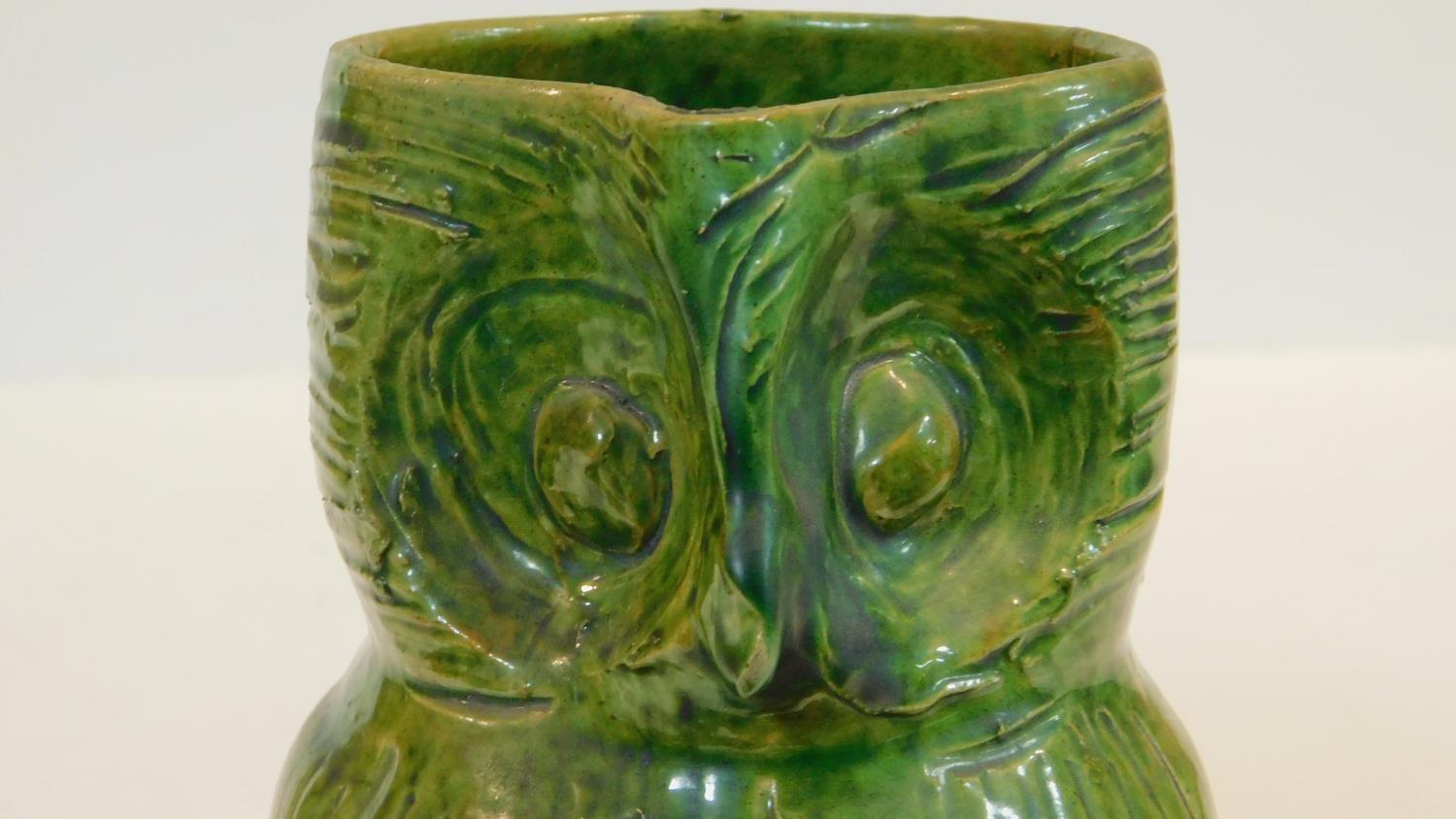 An antique Farnham Pottery type green glaze Harris Owl Jug. H.19cm - Image 5 of 6