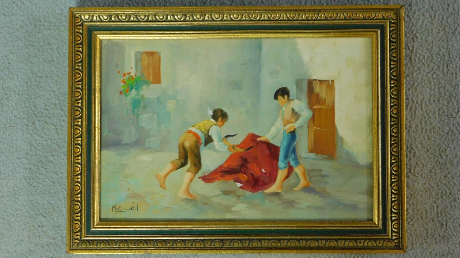 A gilt framed oil on canvas, Spanish children playing, signed. 30x42cm - Image 2 of 4