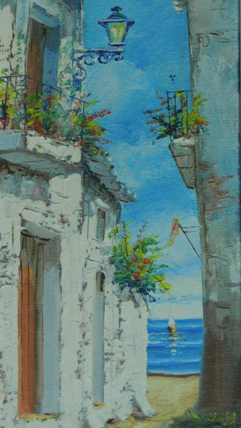 A pair of vintage Continental style framed oils on board, beach town, signed by Cole. 42x19cm - Image 3 of 4