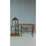 A Victorian mahogany corner whatnot and a mahogany stretcher table on faux bamboo supports. H.67 W.