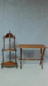 A Victorian mahogany corner whatnot and a mahogany stretcher table on faux bamboo supports. H.67 W.