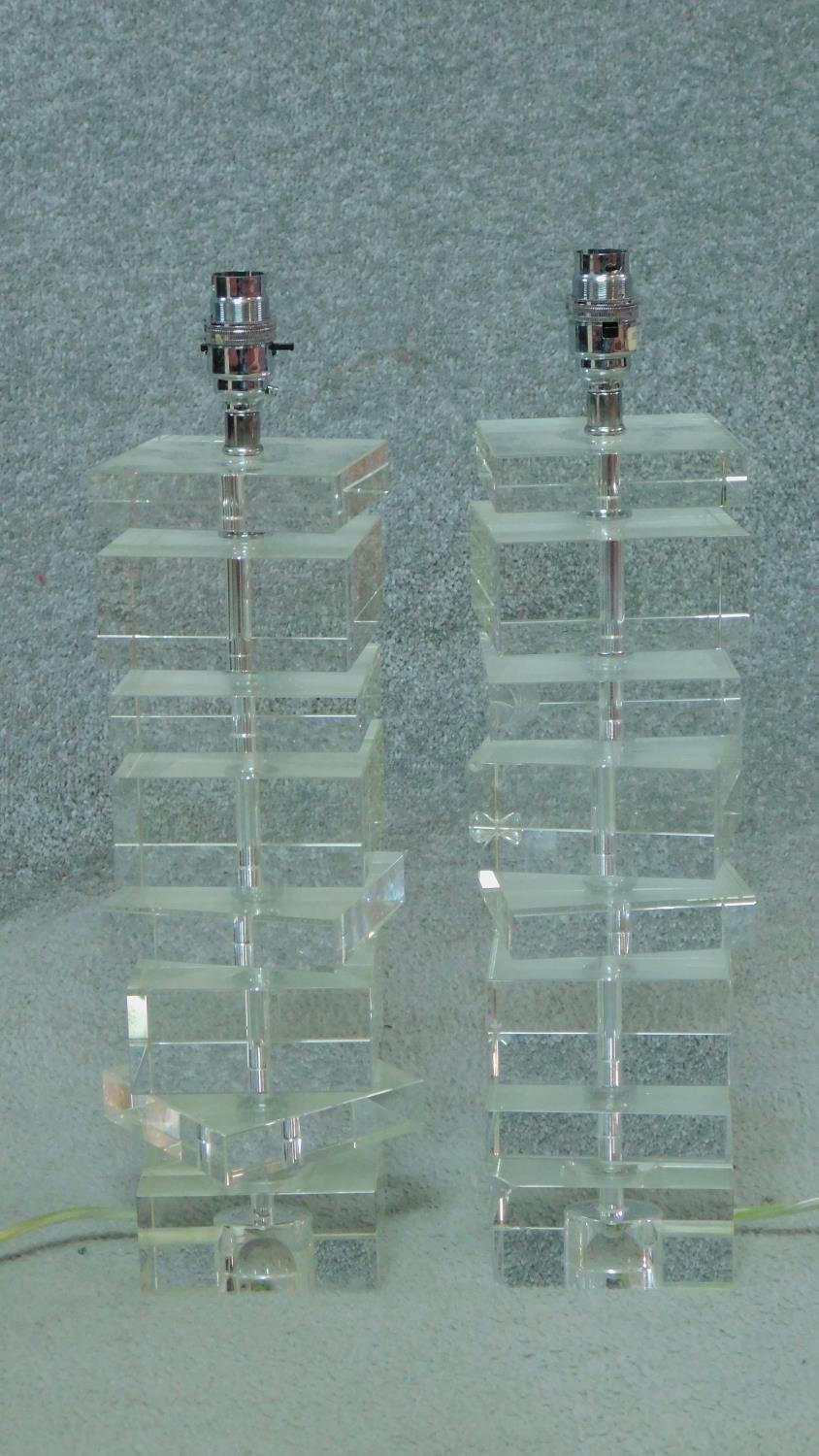 A pair of contemporary crystal stacked square block table lamps. H.46cm