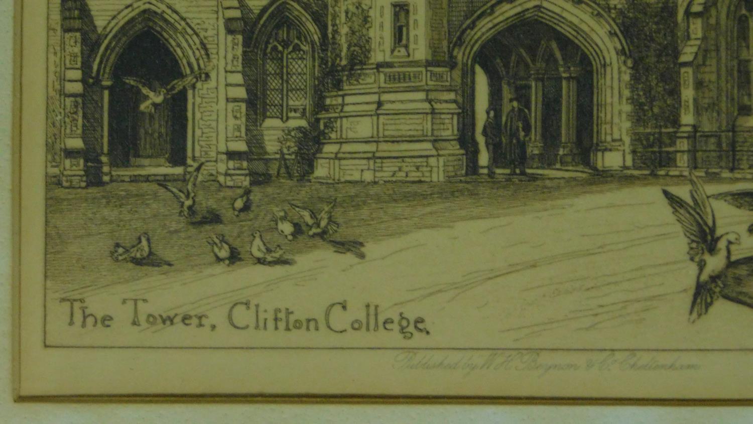 Two framed and glazed lithographs, both of Clifton College, 1898. Indistinctly signed 32x42cm - Image 5 of 6