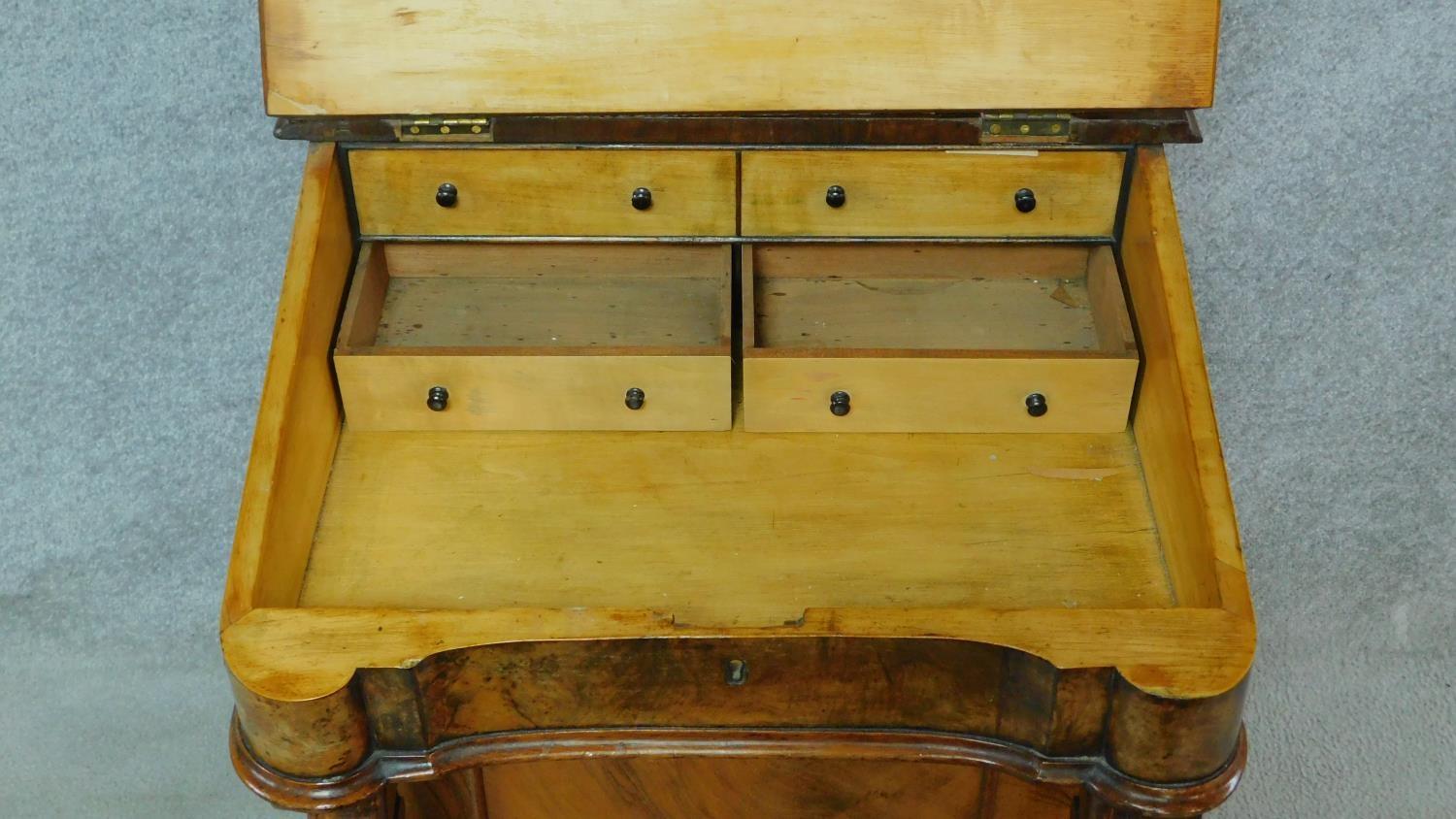 A Victorian burr walnut Davenport with fitted satinwood lined interior and four drawers opposing - Image 3 of 10