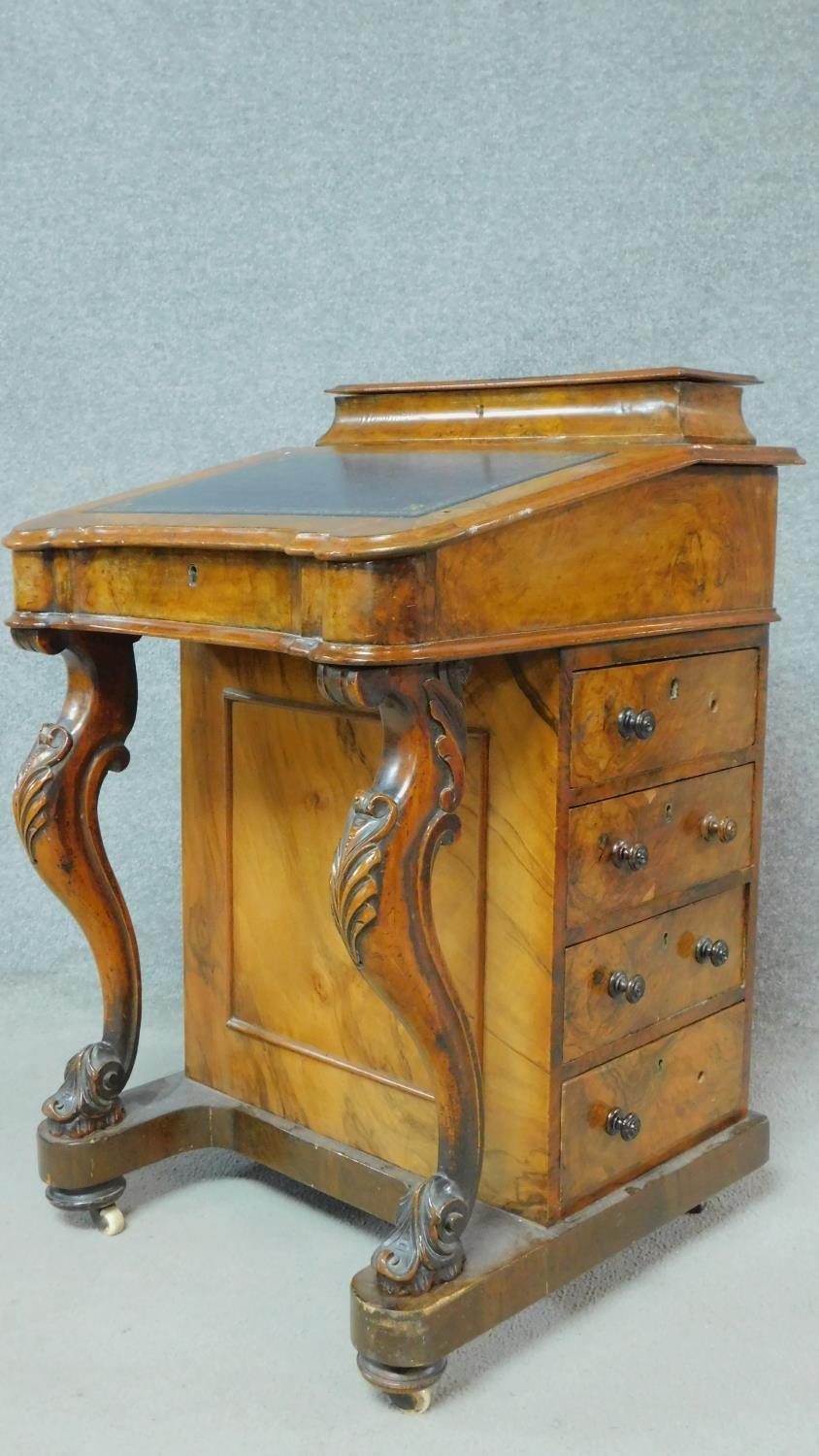 A Victorian burr walnut Davenport with fitted satinwood lined interior and four drawers opposing - Image 2 of 10