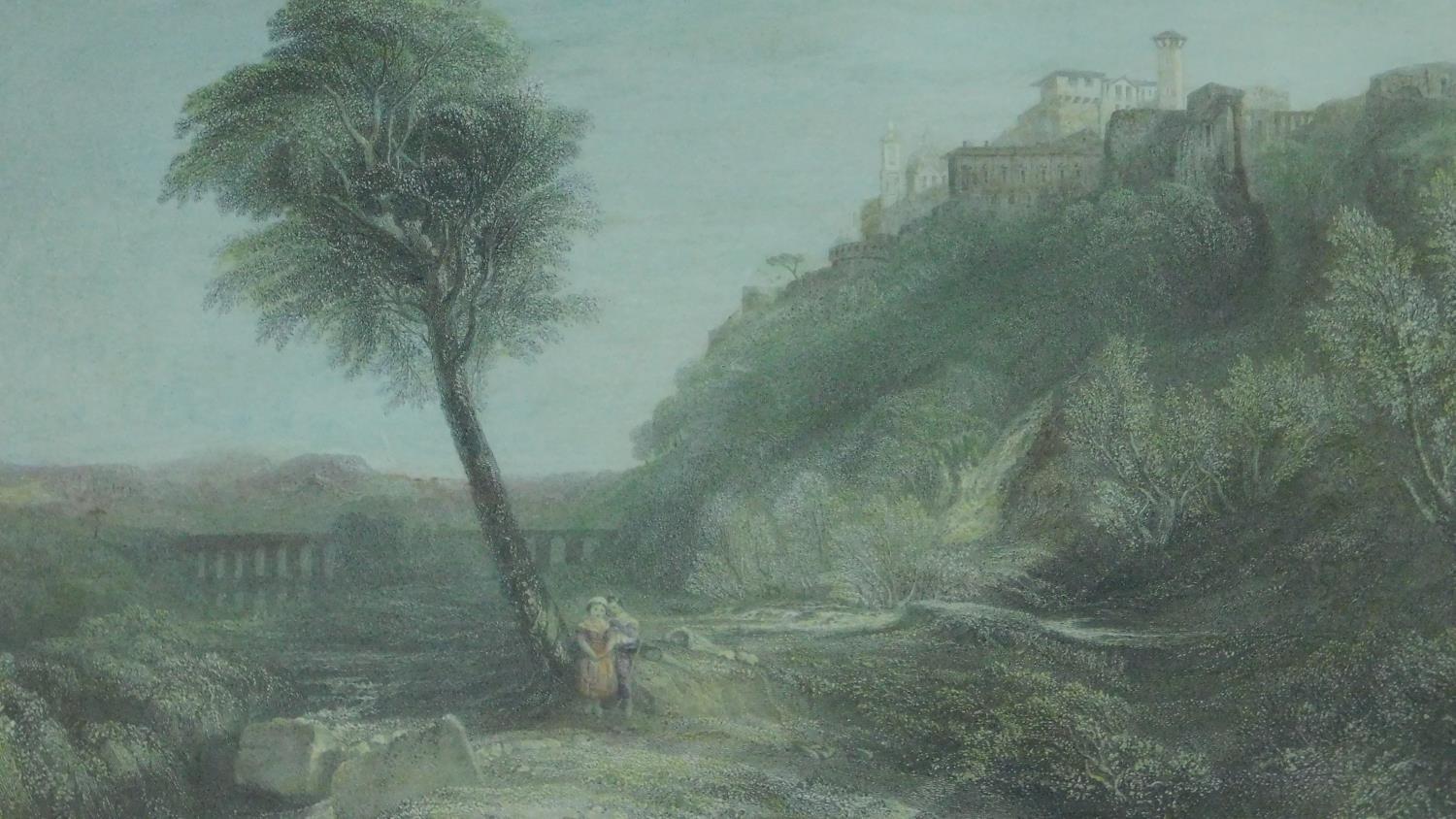 Three 19th century framed and glazed lithographs, hand coloured Turner landscapes. 32x42cm - Image 2 of 9