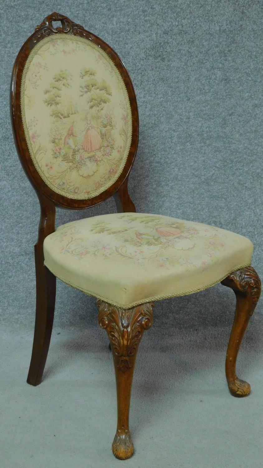 A late 19th century balloon back nursing chair in embroidered upholstery depicting pastoral French - Image 2 of 4