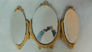A mid century vintage moulded gilt frame tryptich dressing table mirror. 56x81cm