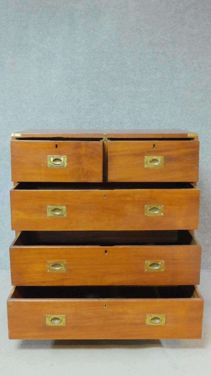 A 19th century two section teak brass bound military chest with two short over three long drawers on - Image 3 of 10