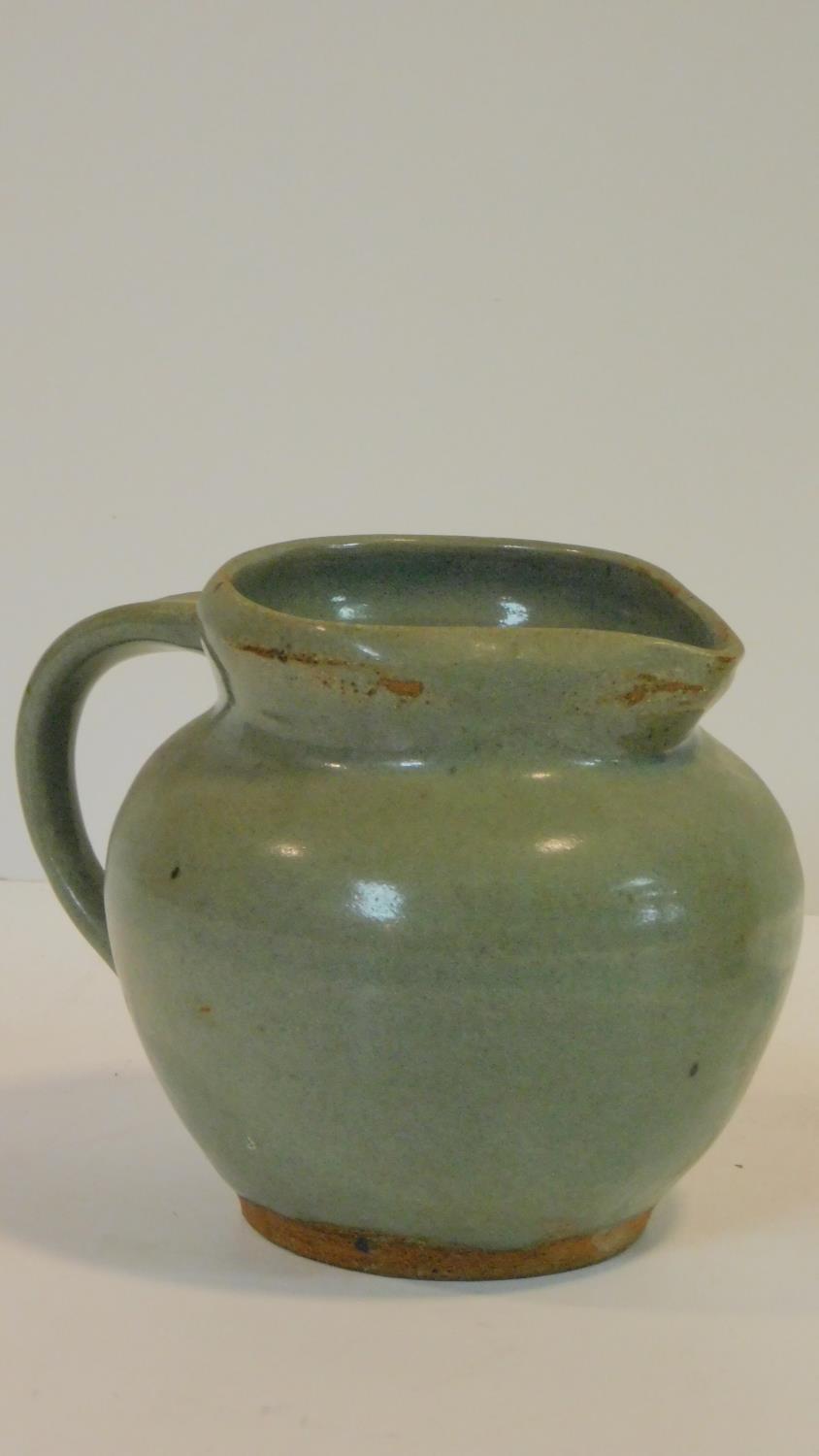Three glazed studio pottery pieces. Including a glazed jug with pale green glaze and makers mark - Image 5 of 10