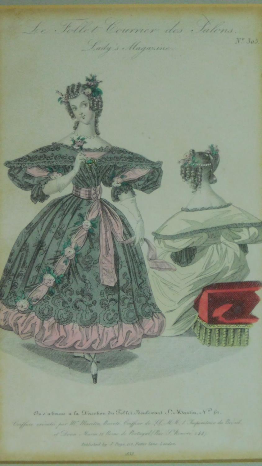 A collection of nine framed and glazed coloured lithographs, seven fashion designs, two depicting - Image 11 of 12